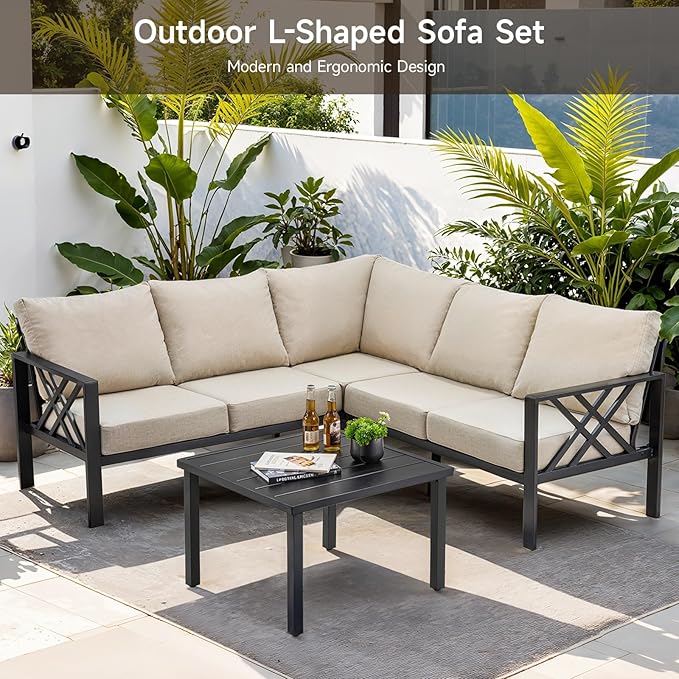 Patio Furniture Set, 6-piece Metal Sectional Furniture Sofa with Coffee Table, L Shaped Outdoor Couch with Olefin Cushion, Highback Frame, Outdoor Patio Conversation Sets for Balcony Backyard, Beige ONBRILL