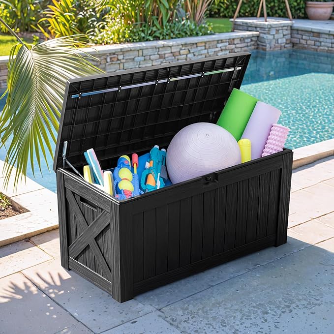Flamaker Resin Deck Box 120 Gallon Waterproof Large Outdoor Indoor Storage Box Imitation Wood Resin for Patio Furniture Garden Tools and Pool (Black) Flamaker