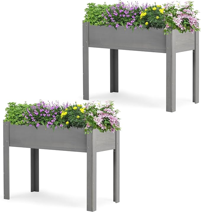 SoliWood Set of 2 Raised Garden Bed with Legs, 40x20x31'', Outdoor Wood Elevated Planter Box, Thick Legs, w/Liner OutdoorFurniture
