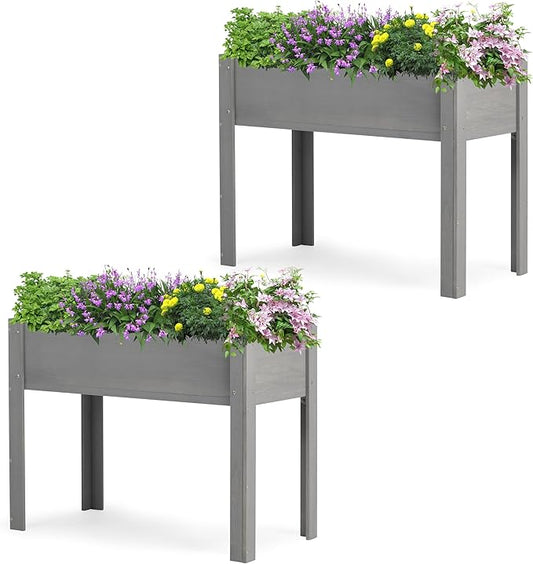 SoliWood Set of 2 Raised Garden Bed with Legs, 40x20x31'', Outdoor Wood Elevated Planter Box, Thick Legs, w/Liner OutdoorFurniture