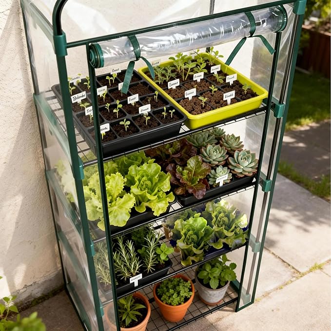 Worth Garden 4 Tier Mini Greenhouse - 63'' H x 27'' L x 19'' W - Sturdy Portable Gardening Shelves with PVC Cover - Small Green House Use in Indoor & Outdoor for Plants Flowers WORTH