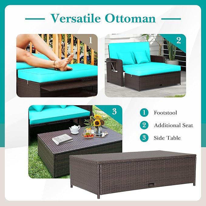 Nightcore Wicker Patio Outdoor Daybed, Outdoor Chaise Lounger w/ 4-Level Adjustable Backrest, Retractable Side Trays, Storage Ottoman, Comfortable & Removable Cushions, Rattan Loveseat (Turquoise) Goplus