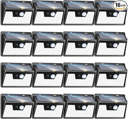 Peasur Solar Powered Lights Outdoor, 140LED 16Pack Motion Sensor Light Outside, IP65 Waterproof Fence Security Lighting with 3 Modes for Yard Wall Garden Cool White Peasur