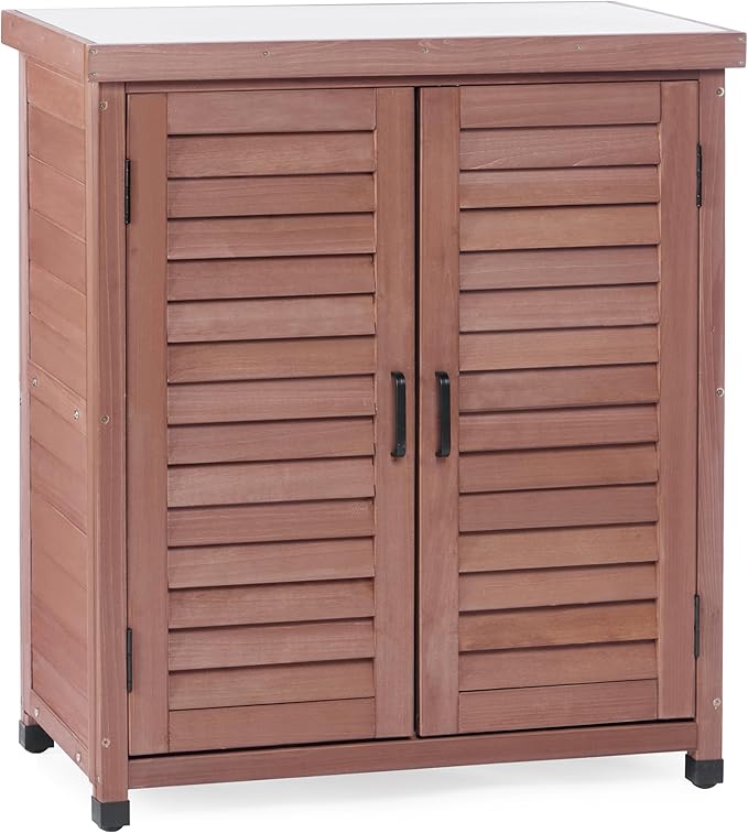 Outdoor Potting Bench with Storage Cabinet and Metal Top, Wood Workstation for Outdoor Patio, Garden (Dark Brown, 31x17x36‘’) Wood-Natrl