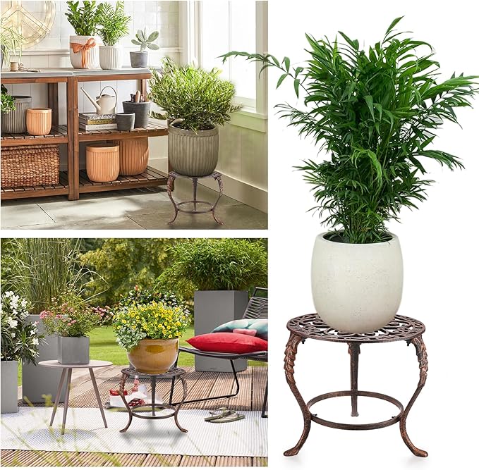 OwnMy Heavy Duty Cast Iron Plant Stand Vintage Wrought Iron Flower Pot Holder, Decorative Round Potted Plant Holder Rack, Indoor Outdoor Metal Large Plant Stand for Patio Home Garden, Red Bronze OwnMy