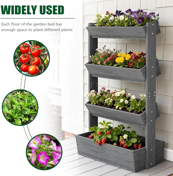 SUNYRISY 4 Tiers Vertical Raised Garden Bed Outdoor Planter Tower, Wooden Freestanding Planter Box for Planting Herbs Flowers Vegetables Patio Balcony Indoor Outdoor Gardening, Grey SUNYRISY