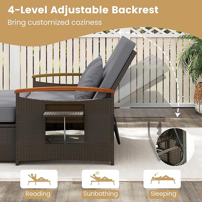 Tangkula Patio Rattan Daybed with 4-Level Adjustable Backrest, Outdoor Wicker Loveseat with Acacia Wood Armrest, Storage Ottoman & Folding Tray, Double Sunbed for Lawn Yard & Poolside, Grey & Brown TANGKULA