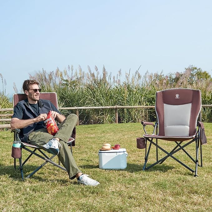 EVER ADVANCED Oversized Folding Camping Chair, for Adults Heavy Duty Lawn Chair with Side Pockets, Portable Collapsible Quad Chair for Outside, Support Up to 500lbs, Red 2Pack EVERADVANCED