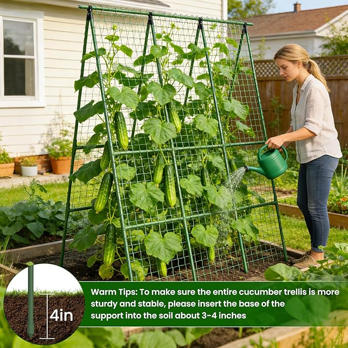 Cucumber Trellis for Raised Bed 48" L x 64" H, 16mm Heavy-Duty Metal A-Shape Arch Trellis, Outdoor Climbing Plant Support for Tomato Pea Zucchini Grape Flowers, Vertical Garden Vegetable Trellis Erinaik