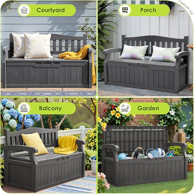Greesum 80 Gallon Outdoor Storage Bench, Resin Patio Furniture with Armrest,Waterproof and UV-Resistant, Perfect to Garden, Poolside and Lawn, Dark Grey BuynowfromGreesum
