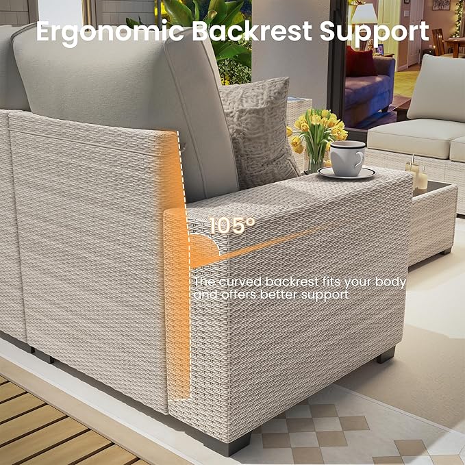 8 Piece Outdoor Patio Furniture Set, Outdoor Sectional Furniture, Rattan & Wicker Modern Modular Conversation Set Sofa Couch W/Water Resistant Washable Thick Cushions and Coffee Table, Beige Olimix