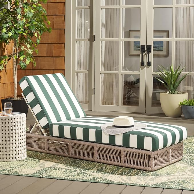 SAFAVIEH Outdoor Collection Gillian Heather Tan & Hunter Green Stripe Chaise Lounge Chair (Fully Assembled) SAFAVIEH