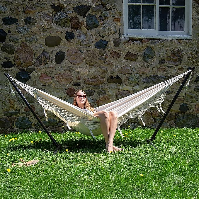 Vivere Double Cotton Hammock with Space Saving Steel Stand, Upgraded Polyester End Strings 450 lb Capacity - Premium Carry Bag Included - USA Grown Cotton (Natural) Vivere