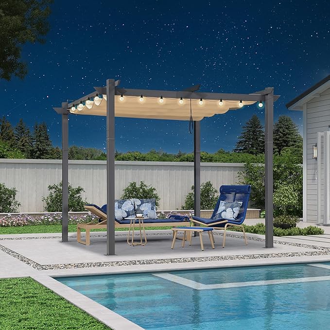 PURPLE LEAF 10' x 10' Aluminum Outdoor Pergola Modern Grape Trellis Retractable Pergola with Double Sun Shade Canopy Metal Pergola with Light for Patios Backyard Deck Garden, Khaki Rootora