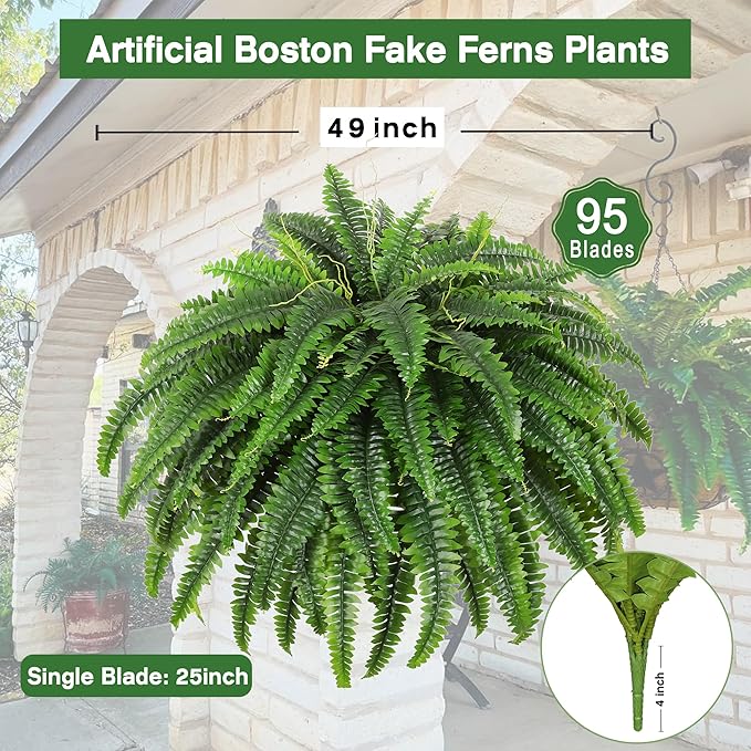 Single Silky Artificial Boston Fern Bush, 49Inch Large Artificial Ferns for Outdoors, Large Faux Ferns Artificial Plants,Suitable for Decorating Office, Living Room Faux Greenery,95Branches Rootora