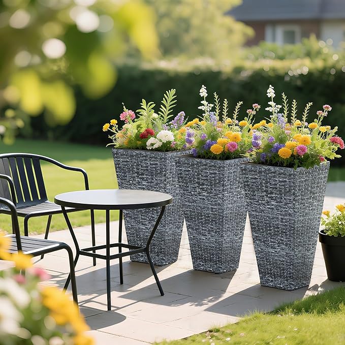 Outsunny Tall Planters for Outdoor Plants Set of 3, 24 in Taper Planters with Drainage Holes, Rattan Decor Plant Pots for Indoor Outdoor Front Porch Patio Backyard, Gray Outsunny