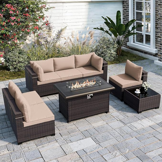 ALAULM Patio Furniture Set with Fire Pit Table 55000 BTU, Outdoor Sectional with Wide Seat and Thick Cushion, 8 Piece Wicker Rattan Conversation Set with Coffee Table for Garden, Deck, Sand ALAULM