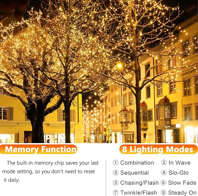 Joomer Solar Fairy Lights, 4-Pack Total 104FT 320LED Solar String Lights Outdoor Waterproof 8 Lighting Modes for Patio Fence Party Garden Yard Home Holiday Tree Outdoor Decoration (Warm White) Joomer