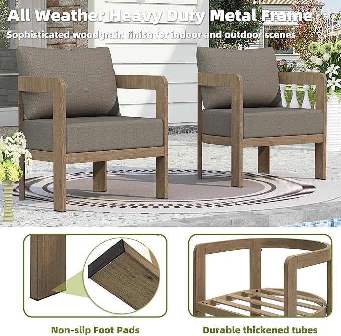 Outdoor Furniture Set, 2Pcs Patio Armchairs, Metal Modern Outside Furniture with 6'' Thick Cushions, Outdoor Conversation Set Balcony Chairs for Backyard, Porch,Deck,Brown COMLAXFIELD