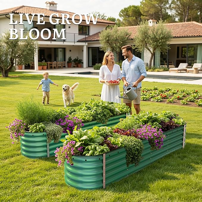 YITAHOME 17" Tall 9 in 1 Large Raised Garden Bed Kit, 8x2x1.4ft Galvanized Metal Planter Box with Gloves & Safety, Outdoor Above Ground Planters for Plants Vegetables Flowers, Green YITAHOME