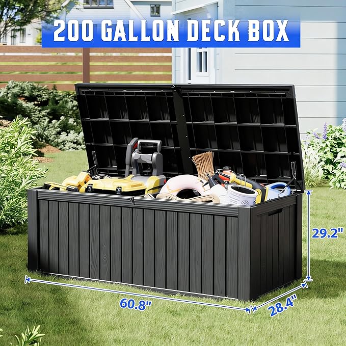 Outdoor Storage Box, Resin Deck Boxes Indoor and outdoor, Waterproof Storage Box Lockable Lid (Black,200 Gallon) NBYSGO
