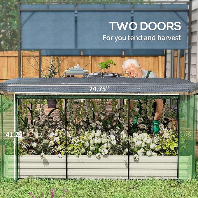 Outsunny 7.3 x 3.4 x 1 ft Galvanized Raised Garden Bed with Crop Cage Plant Protection Net and Shade Cloth Roof, Metal Planter Box with Cover for Vegetables, Flowers, Herbs, Beige Outsunny