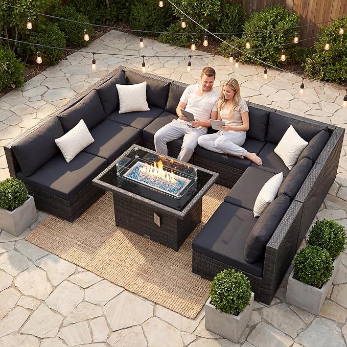 NICESOUL 9 Piece Modern Outdoor Furniture Set with Fire Pit Table, 8 Seat L-Shaped Extra Large Sectional Sofa Sets, 29.3'' High Back Comfy Modular Wicker Conversations, Natural Gas & Propane, Grey NICESOUL