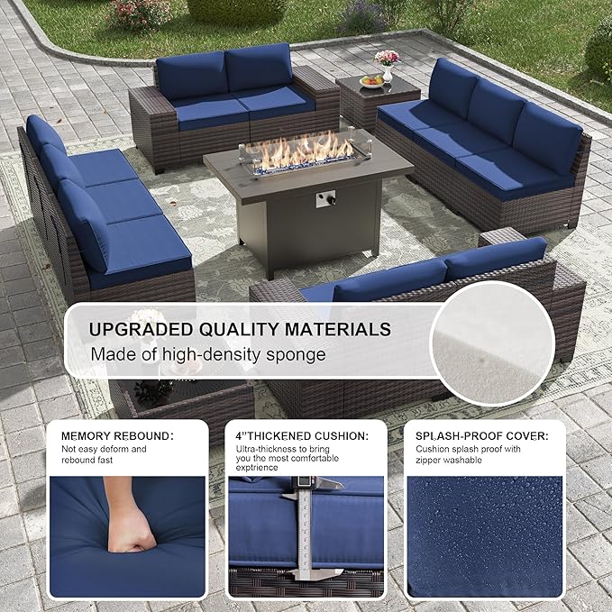 Kullavik 13PCS Outdoor Patio Furniture Set with 43" 55000BTU Gas Propane Fire Pit Table PE Wicker Rattan Sectional Sofa Patio Conversation Sets,Navy Blue KULLAVIK
