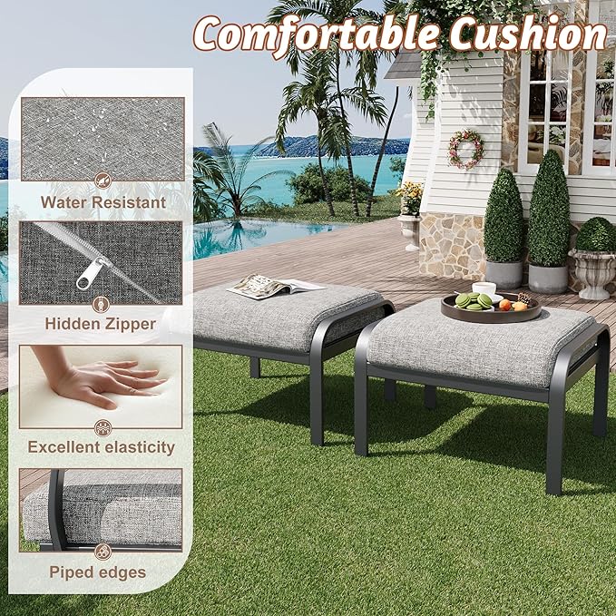 HOMREST Metal Outdoor Ottoman, 2-Piece Aluminum Footstool w/Removable Cushion, Multipurpose Footrest Stool Additional Seating, Set of 2 Outdoor Ottomans for Patio Deck (Grey) HOMREST