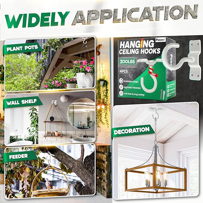 [UPGRADED] 200LBS 4Pcs Rotatable Ceiling Hooks with 4 Screw Points Plate Base, White Wall Mount Metal Hanger for Hanging Plants, Bird Feeders, Lanterns, Lights, Wind Chimes, Indoor Outdoor Decor Pamazy