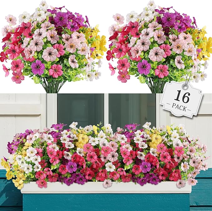 AGIRL 16 Bundles Artificial Flowers for Outdoor,No Fade Fake Plastic Flowers Faux Plants for Hanging Planters Decoration Indoor Outside Garden Porch Window Box Home Wedding AGIRL