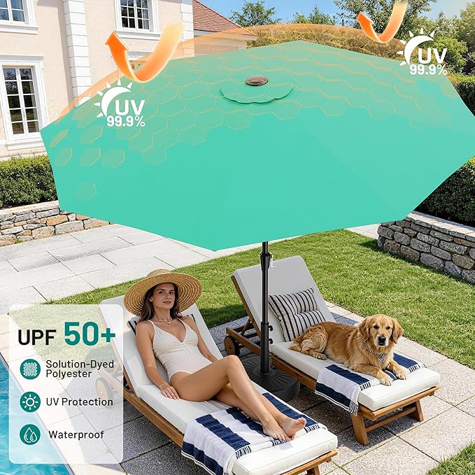AreShark 9 FT Patio Umbrella for Outdoor, Outdoor Umbrella with Push Button Tilt and Crank, Outdoor Patio Umbrellas with 8 Sturdy Ribs for Market, Garden, Deck, Backyard, Pool (Peacock Blue) Rootora