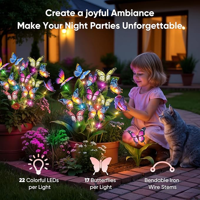 Solar Lights Outdoor Garden Decor: 2 Pack 34 Silk Butterflies with 44 Color-Changing LEDs - Auto On/Off 12H Magical Lighting IP65 Waterproof for Yard Patio Pathway - Unique Gifts for Mom Grandma NFEVER