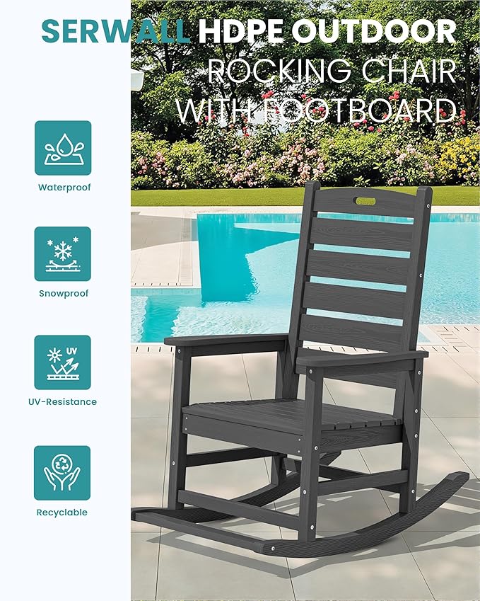 SERWALL Outdoor Rocking Chair Set of 4, Oversized HDPE Patio Rocking Chair with Footrest for Adults, All Weather Porch Rocker for Deck Patio Balcony, Gray SERWALL