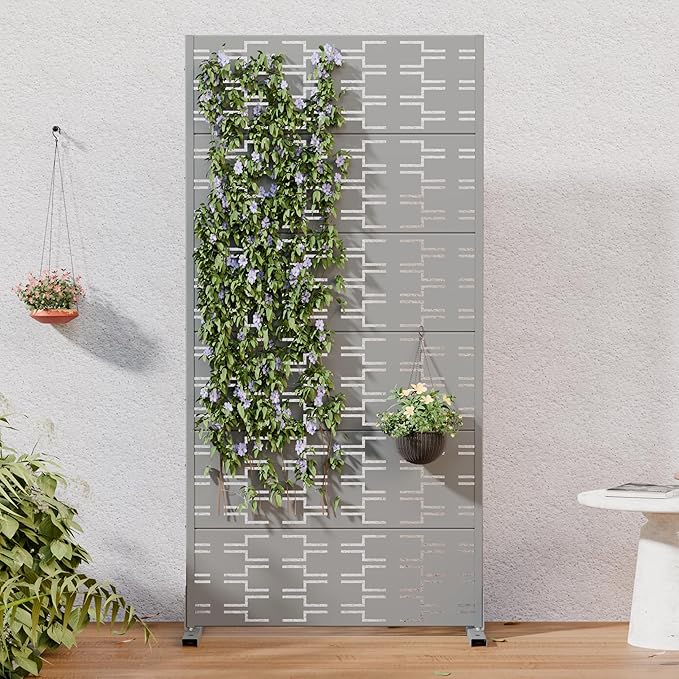 Casaphoria Metal Privacy Screen Outdoor, 72" H x 35" W Freestanding Decorative Privacy Screen for Patio Deck Balcony Garden with Stable Base, Grey-Brick Casaphoria