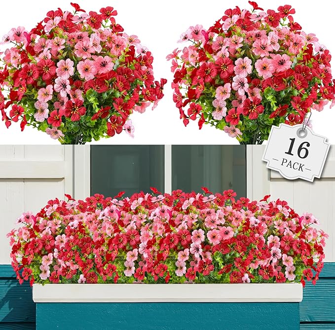 AGIRL 16 Bundles Artificial Flowers for Outdoor,No Fade Fake Plastic Flowers Faux Plants for Hanging Planters Decoration Indoor Outside Garden Porch Window Box Home Wedding AGIRL
