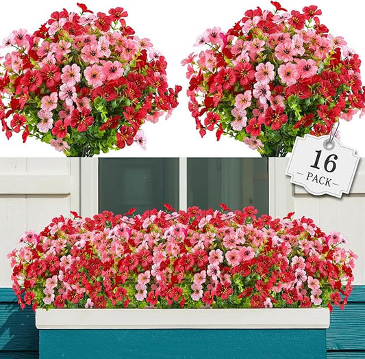 AGIRL 16 Bundles Artificial Flowers for Outdoor,No Fade Fake Plastic Flowers Faux Plants for Hanging Planters Decoration Indoor Outside Garden Porch Window Box Home Wedding AGIRL