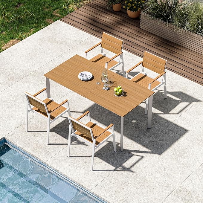 Outdoor Patio Dining Set, Aluminum & HDPS 5 Piece Outdoor Table and Chairs Set with Umbrella Hole, Modren Rectangular Patio Furniture Set with All-Weather Table and 4 Chairs (White & Teak) ComfCove