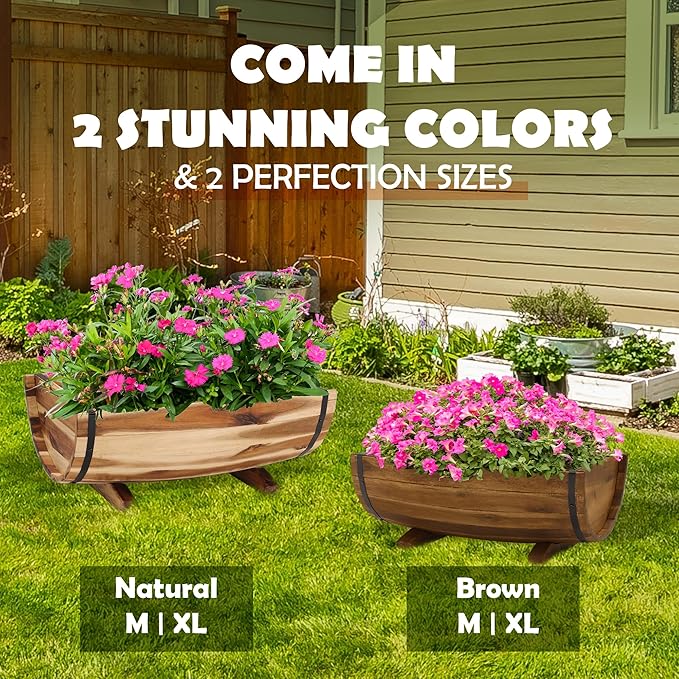 IDZO Solid Acacia Wood Half Barrel Planters Outdoor Set of 2 Different Sizes, Wooden Planters for Outdoor Plants with Metal Bands & Drainage Holes, Legs Included, Brown Idzo