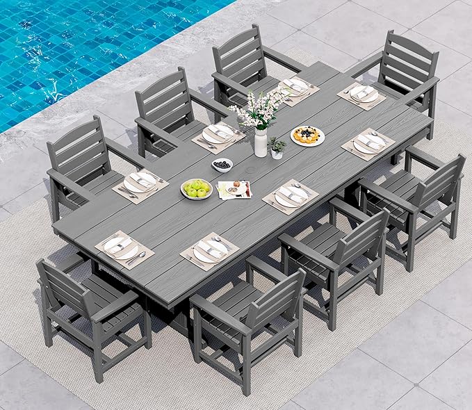 SERWALL 9 Piece Outdoor Dining Set, 84" HDPE Outdoor Table and Chairs for 8，All Weather Patio Furniture Set with Umbrella Hole for Backyard, Garden, Gray SERWALL