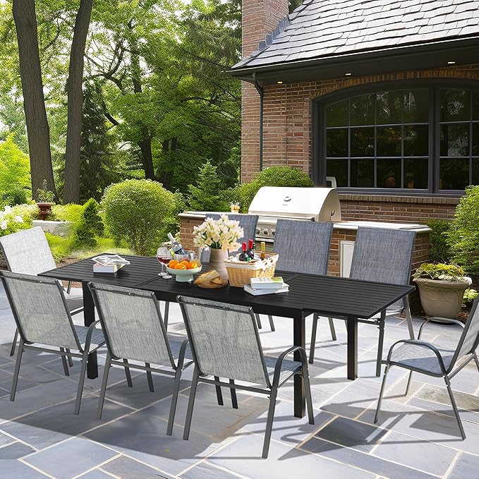 Outdoor Expandable Dining Table 71"-106" Aluminum Patio Dinner Table for 8-10 Person, Rectangular Metal Collapsible Tables with Umbrella Hole, Patio Tables with Extendable Top for Garden, Backyard PIZZELLO