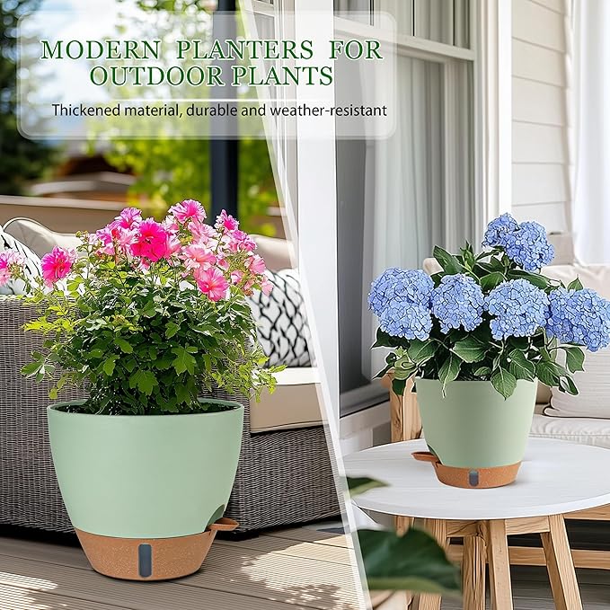Self Watering Pots for Inoor Ourdoor Plants 10/9/8/7/6.5 Inch Plastic Planters with Drainage Holes & Water Level Indicator, Decorative House Flower Nursery Planting Pots with Saucers (Green) Fielda