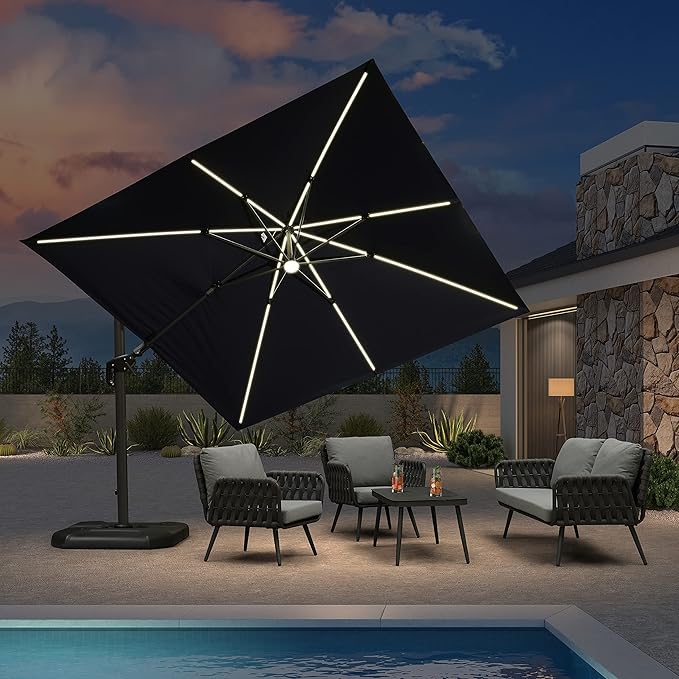 PURPLE LEAF 10 Feet Patio Umbrella Outdoor Cantilever Solar Powered LED Swivel Square Umbrella Aluminum Offset Umbrella with 360-degree Rotation for Garden Deck Pool Patio, Navy Blue PURPLELEAF