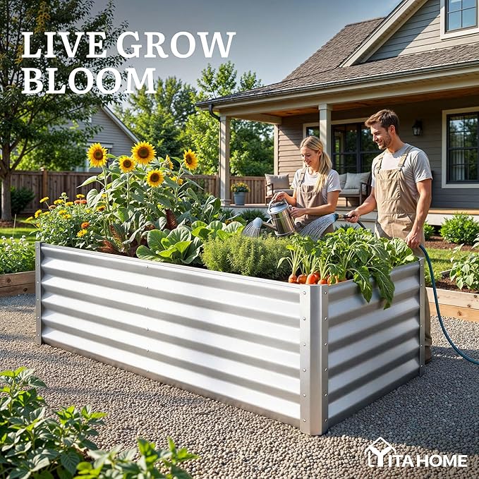 YITAHOME 6x3x3ft Large Raised Garden Bed Kit, Galvanized Metal Planter Box with Gloves, Support Rod, Outdoor Above Ground Planters for Plants Vegetables Flowers, Silver YITAHOME