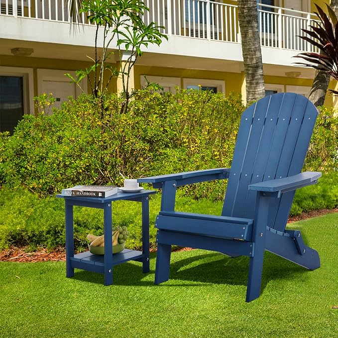 Double Adirondack Outdoor Side Table Weather Resistant, Outdoor Rectangular Patio End Table for Adirondack Chair, Dark Blue Meluvici