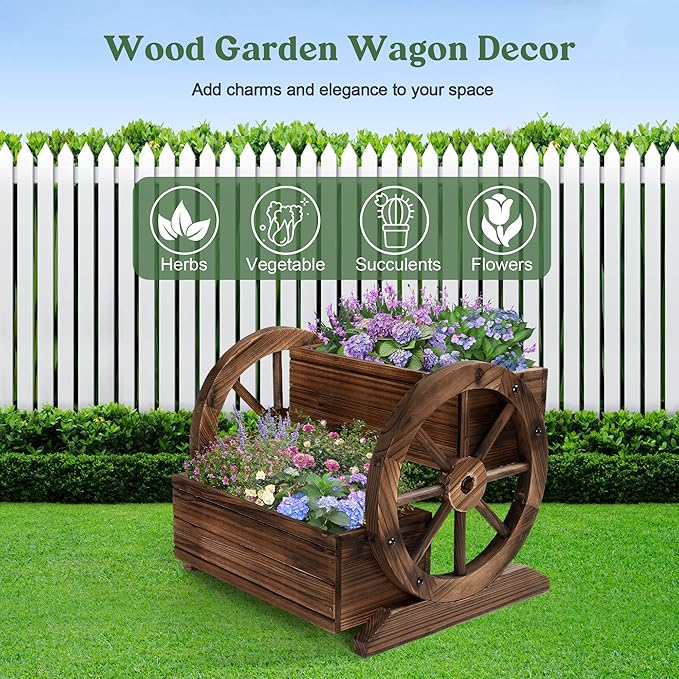 2PCS Wooden Wagon Planter Box, Garden Planter with Wheels,Decorative for Flowers Herbs Vegetables for Indoor & Outdoor Decor,Wooden Flower Cart for Patio Garden Balcony OIPRTGFJ