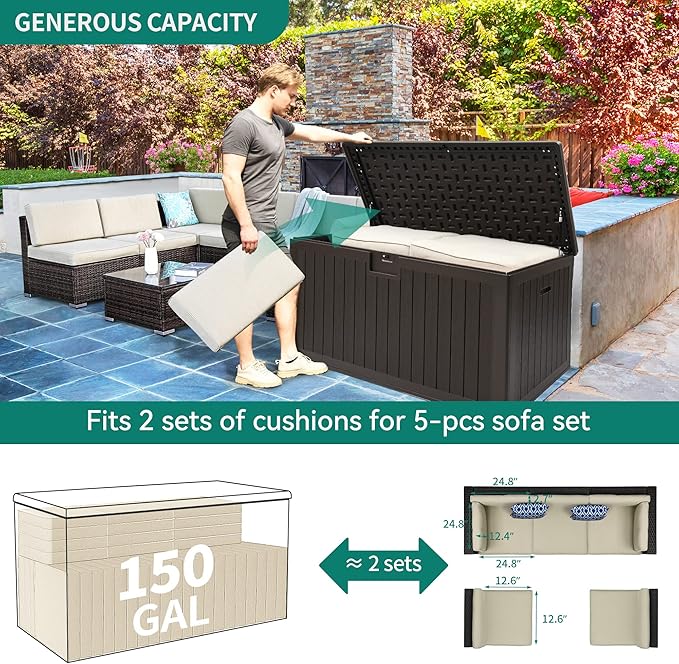 YITAHOME 150 Gallon Large Deck Box with Side Handles, Outdoor Double-Wall Storage for Patio Furniture Cushions, Garden Pool Accessories, Waterproof & Lockable YITAHOME