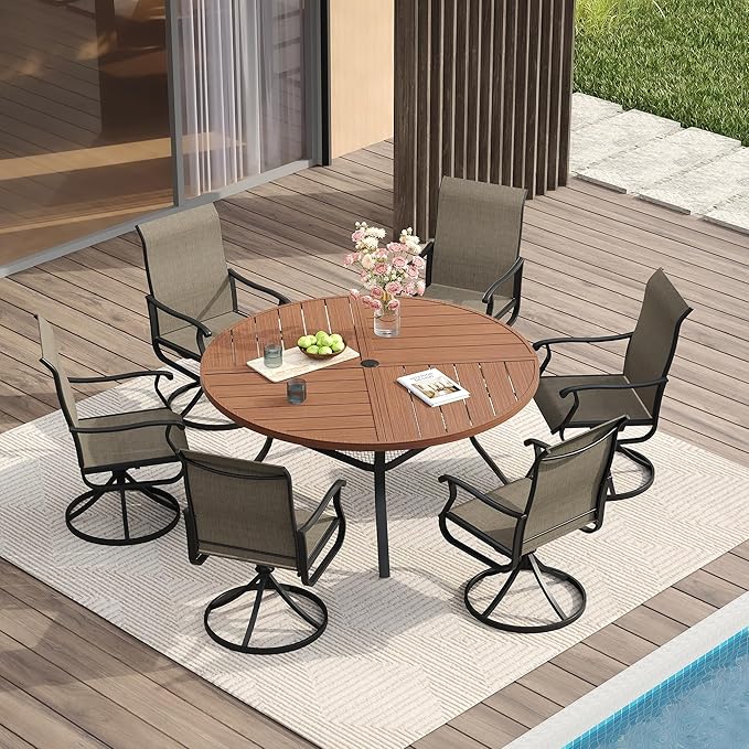 VICLLAX Round Patio Table with Adjustable Umbrella Hole for 6, All Weather Metal Outdoor Dining Table for Lawn Garden, 50" Outdoor Coffee Table, Walnut Wood-Like Tabletop HOME