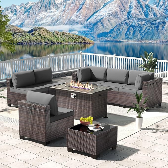 Kullavik 8 Pieces Outdoor Patio Furniture Set with 43" 55000BTU Gas Propane Fire Pit Table PE Wicker Rattan Sectional Sofa Patio Conversation Sets,Grey KULLAVIK