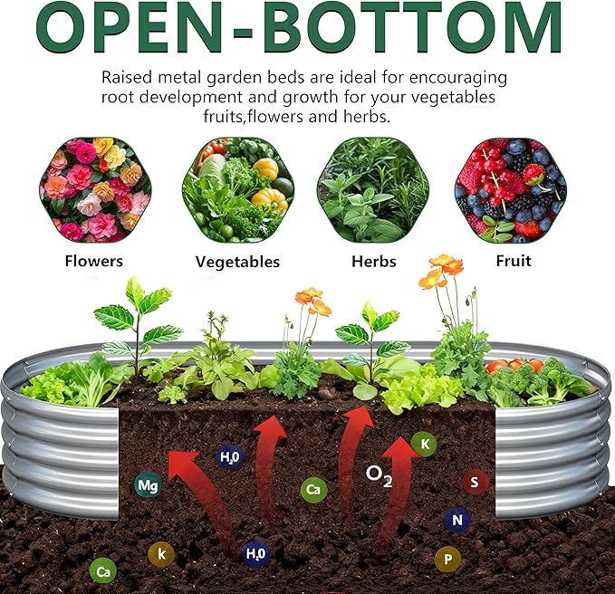 2PCS 12x4x1FT Galvanized Raised Garden Bed Kit,Vegetable Boxes-Oval Metal Flower Box,Large Planter Raised Beds Outdoor Garden for Planting,Fruit,Herb-Silver Yortrek